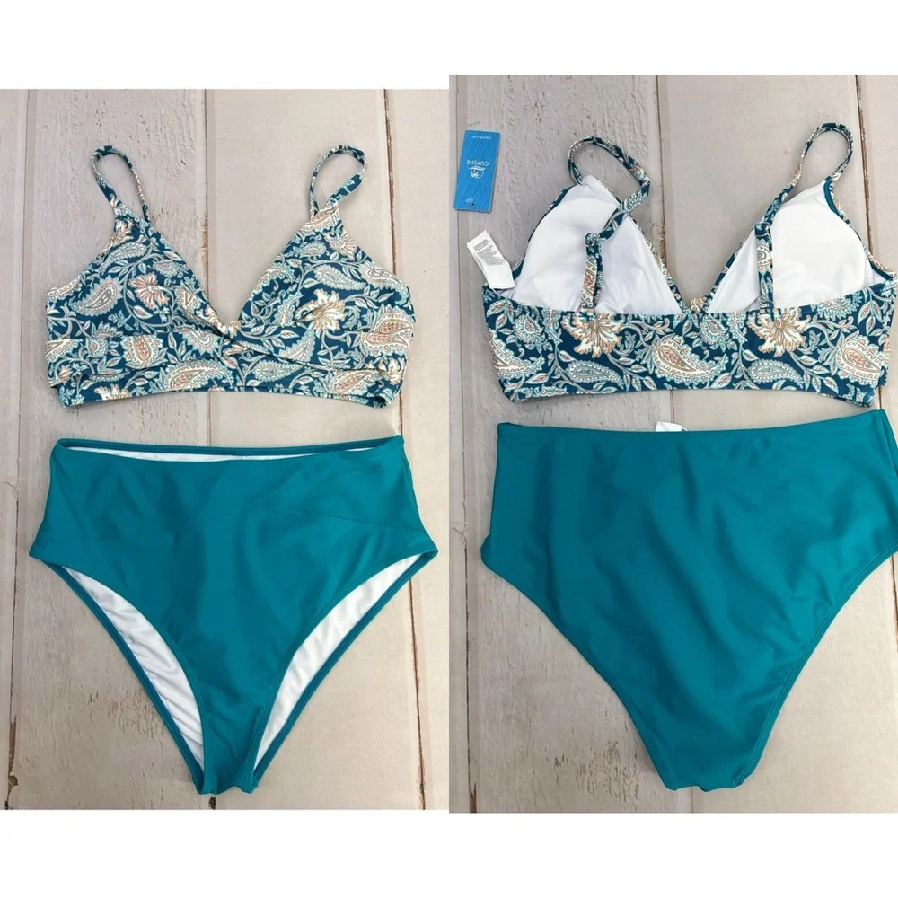 NWT High Waist Adjustable Strap Turquoise &‎ Orange Paisley Bikini SIZE LARGE